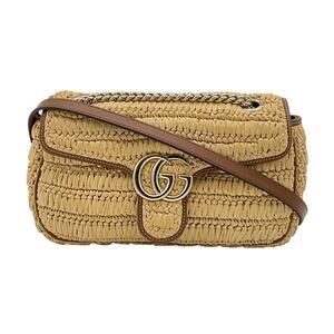 Gucci Woven Natural Raffia Effect Gg Marmont Shoulder Bag Size Medium